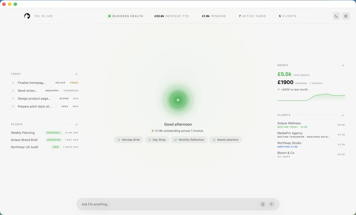 FreelanceOS business dashboard on Mac